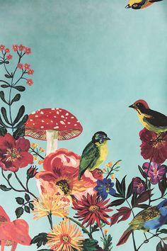 two birds sitting on top of flowers and mushrooms in front of a blue sky background