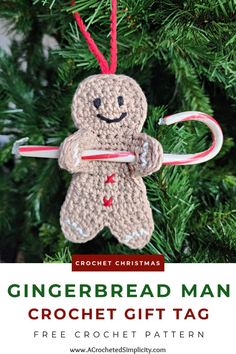 a crocheted gingerbread man ornament hanging from a christmas tree with text overlay