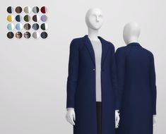 two mannequins are standing next to each other in front of an assortment of colors