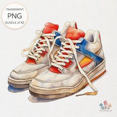 a pair of sneakers painted in watercolor and ink on paper with the words png