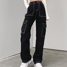 Style Salopette, Celana Kargo, Loose Overalls, Overalls Fashion, High Waist Wide Leg Jeans, Women Cargo Pants, Denim Cargo Pants, Jean Vintage