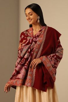 Maroon handmade pashmina shawl with Abi Kari design work details. - Aza Fashions Pashmina Dupatta With Motifs, Embroidered Pashmina Shawl, Red Pashmina Shawl With Pallu, Pashmina Dupatta With Embroidered Border Shawl, Pashmina Dupatta With Embroidered Border, Jamawar Shawl Dupatta With Embroidered Border, Red Pashmina Dupatta With Resham Embroidery, Traditional Wear With Pashmina And Traditional Patterns, Red Jamawar Pashmina Shawl