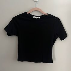 Black Crop 92 %Polyester 5% Spandex Shirt Black Stretch Cropped T-shirt, Black Fitted Cropped T-shirt, Black Tops With Minimal Stretch For Summer, Spring Black Elastane T-shirt, Black Elastane T-shirt For Spring, Spandex Shirts, School Fits, Black Crop, Then And Now