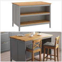 a kitchen island with two stools next to it and an open shelf on the top