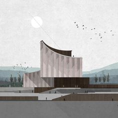 an architectural rendering of a building with birds flying over it