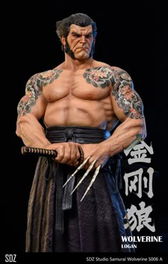 a man with tattoos holding two swords in his hands