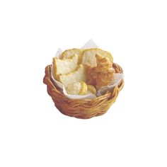 a basket filled with bread and chips on top of a white background