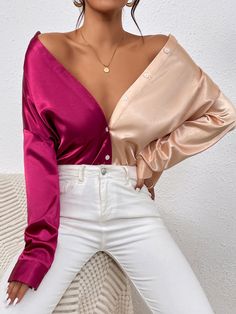 Satin Shirts For Women Classy, Vintage Prom Dresses With Sleeves, Satin Shirts For Women, Silk Blouse Outfit, Satin Outfit, Colorblock Shirt, Royalty Dress