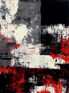 an abstract painting with black, white and red colors