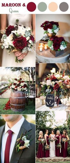 wedding color palettes with red and white flowers, greenery, and wine barrels