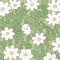 a drawing of a teddy bear surrounded by white flowers and green leaves on a green background