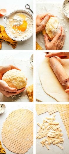 the process of making bread is shown in four different stages, including rolling dough and kneads