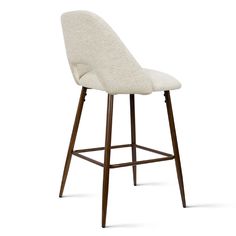 an upholstered bar stool with wooden legs and a white fabric seat pad, viewed from the front