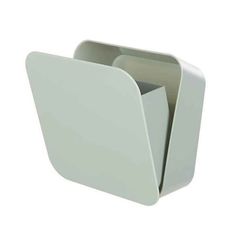 three white dishes stacked on top of each other in a square holder with two separate compartments