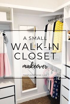 a small walk in closet with clothes hanging on the shelves and a mirror above it