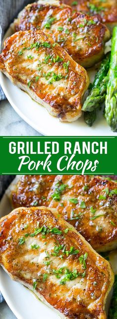 grilled ranch pork chops on a plate with broccoli and asparagus