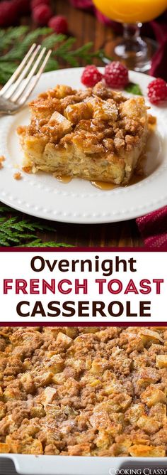 overnight french toast casserole with fresh fruit on the side and text overlay that reads overnight french toast casserole