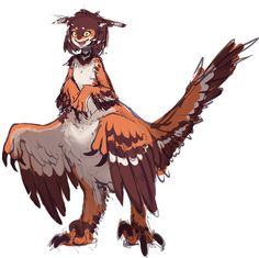 a drawing of a bird with brown and white feathers on it's back legs