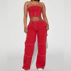 Extra Wide Leg Baggy Cargo With White Stitching. Has Never Been Worn. Originally Part Of A Set, But These Are Sold Without The Top. High Waist Red Cotton Cargo Pants, Red Non-stretch Bottoms With Pockets, Casual Fitted Red Pants, Red Fitted Bottoms, Red Fitted Casual Pants, Red Fitted Sleeveless Bottoms, Non-stretch Red Pants With Pockets, Red Cotton Cargo Pants For Summer, High Waist Red Cargo Pants For Summer