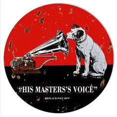 a red and black plate with an image of a bull dog using a megaphone