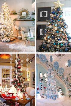 four different christmas trees decorated with blue and white ornaments