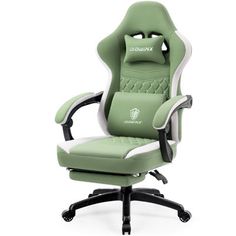 a green office chair with white trimmings on the back and arms, sitting in front of a white background