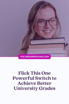 a woman holding a stack of books with the words flick this one powerful switch to achieve better