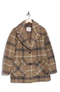 This brushed hip-length coat features a polished single-breasted silhouette finished with a brushed, wide plaid pattern. 31 3/8" length (size Small) Two-button front closure Notch collar Patch pockets Lined 82% polyester, 6% viscose, 6% wool, 5% nylon, 1% other Dry clean Imported Classic Plaid Wool Coat For Fall, Classic Plaid Long Coat, Plaid Wool Outerwear With Lapel Collar, Fall Plaid Outerwear With Notch Lapel, Plaid Outerwear With Lapel Collar And Double Button, Classic Plaid Outerwear With Lapel Collar, Plaid Coat Outfit, Plaid Trench Coat, Single Breasted Coat