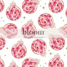 pink and white christmas ornaments on a white background