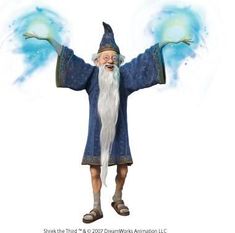 an animated wizard with his arms outstretched and eyes wide open, standing in front of a white background