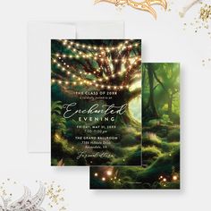 the forest is lit up with fairy lights and sparkles for an elegant evening party