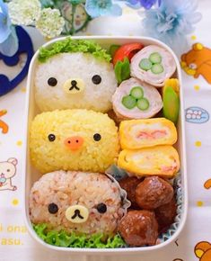 a bento box filled with rice, meat and veggies