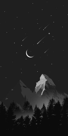 the night sky with stars, trees and mountains in black and white colors is shown