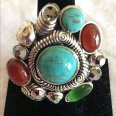 Silver Ring With Stones. Stretch Band, Fashion Jewelry Bohemian Green Metal Rings, Adjustable Multicolor Multi-stone Turquoise Ring, Nickel-free Multicolor Ring Jewelry, Nickel-free Turquoise Metal Rings, Nickel Free Multicolor Ring, Nickel Free Multicolor Ring Jewelry, Adjustable Multicolor Turquoise Ring, Adjustable Multicolor Turquoise Bohemian Ring, Multicolor Vintage Turquoise Ring