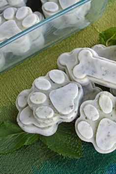 mushrooms and mints are sitting on a green tablecloth next to a glass container