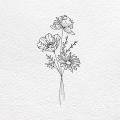 some flowers that are drawn in black and white ink on a piece of watercolor paper