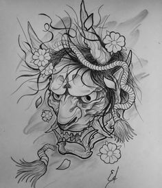 a drawing of a demon with flowers on it's head and horns around its neck