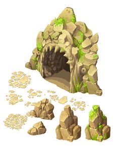 some rocks and plants are shown in this low poly style image, including the entrance to a cave