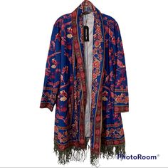 Warm And Colorful Exotic Print Cotton Blend Jacket/Robe With Playful Fringe. Once Followed Miles Teller Down The Street. Reposhing For Someone Taller Than 5'0" Questions? Leave A Comment Below! Festive Long Outerwear For Fall, Vintage Winter Outerwear With Kimono Sleeves, Vintage Outerwear With Kimono Sleeves For Winter, Blue Shawl Collar Outerwear For Fall, Festive Blue Outerwear For Fall, Bohemian Blue Cape Outerwear, Bohemian Blue Cape-style Outerwear, Festive Blue Long Sleeve Outerwear, Blue Long Sleeve Outerwear For Festive Occasions