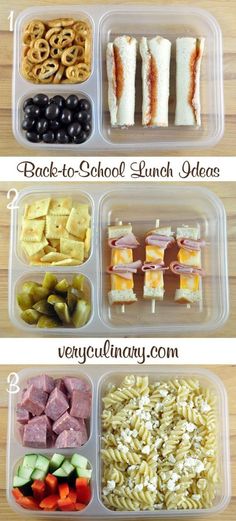 four plastic containers filled with different types of food and the words back - to - school lunch ideas