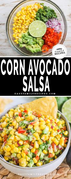 corn avocado salsa in a bowl with tortilla chips on the side