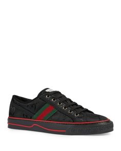 Gucci Women's Gucci Tennis 1977 Low Top Sneakers Black Logo Plaque Sneakers For Streetwear, Designer Black Sneakers With Logo Plaque, Luxury Black Sneakers With Embroidered Logo, Gucci Black Sneakers With Logo Print, Black Gucci Sneakers With Logo Print, Black Gucci Sneakers, Gucci Tennis Shoes, Pink Gucci Purse, Black Gucci Shoes