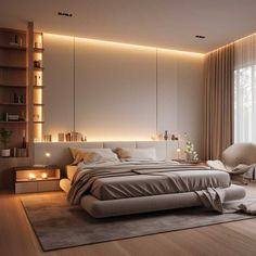 a bedroom with a large bed in front of a window next to a book shelf