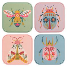 four square coasters with colorful bugs and flowers on the front, one in pink, one in blue