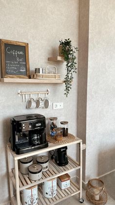 the coffee bar is organized and ready for customers to use