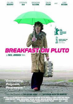 the movie poster for breakfast on pluto with a woman holding an umbrella and suitcases