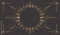 a black background with gold stars and moon phases in the shape of a sunburst