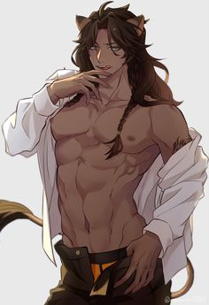 an anime character with long hair and no shirt