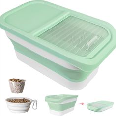 a green and white food container with two bowls next to it on a white background