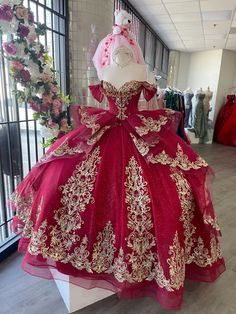 #quinceanera #quinceañera #dress #ballgown #sweet16 #quince Quince Dark Red Dresses, Red And Gold Quince Decorations, Red Quince Dresses Mexican, Masquerade Ball Quinceanera Theme, Red Gold Quince, Book Of Life Quinceanera Theme, Red And Gold Quince Dress, Quince Charro Dresses